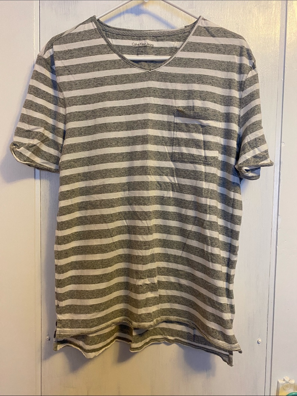 Calvin Klein Gray and White Striped Short Sleeve Pocket Tee